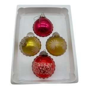 VTG Box of 4 Glass Christmas‎ Tree Ornaments Round Balls Stenciled Glitter